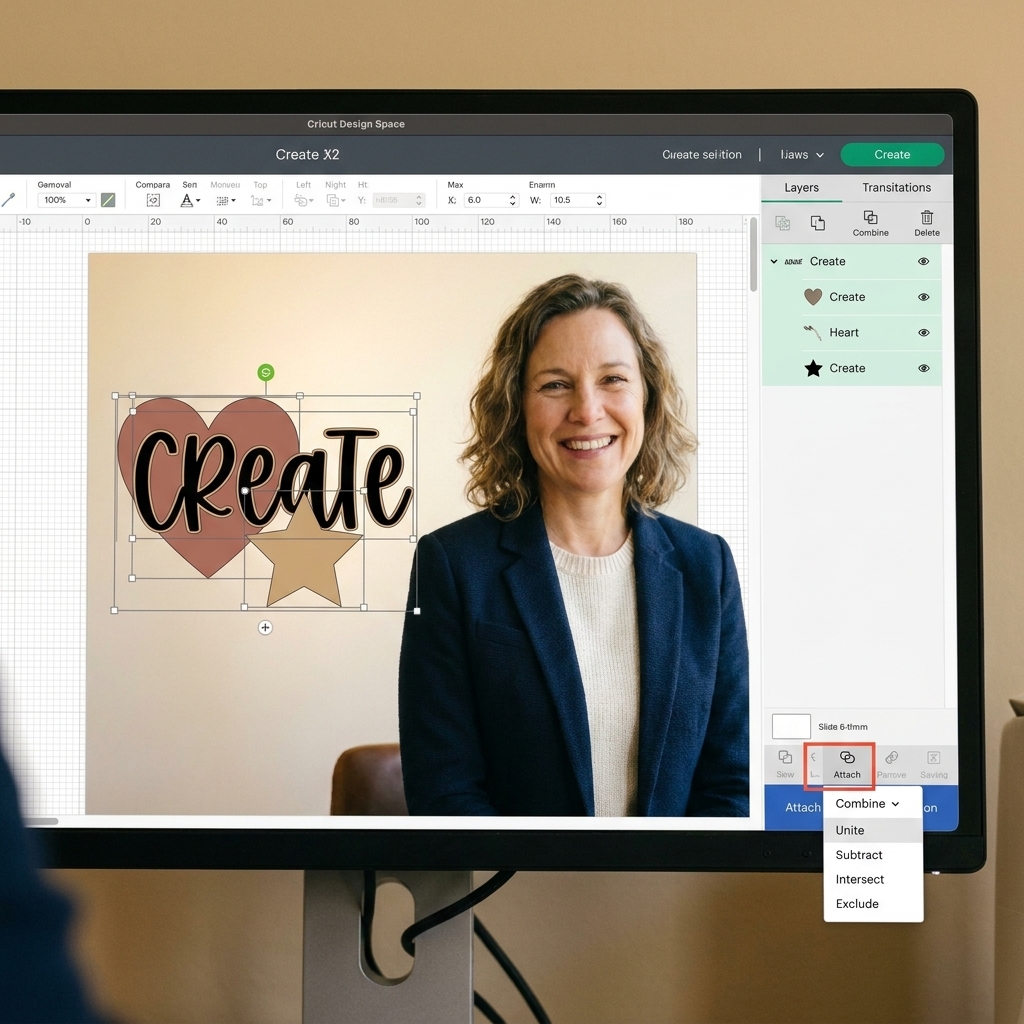 A Cricut Design Space canvas with layered text and shapes selected, showing the Attach button and the Combine menu with Unite available