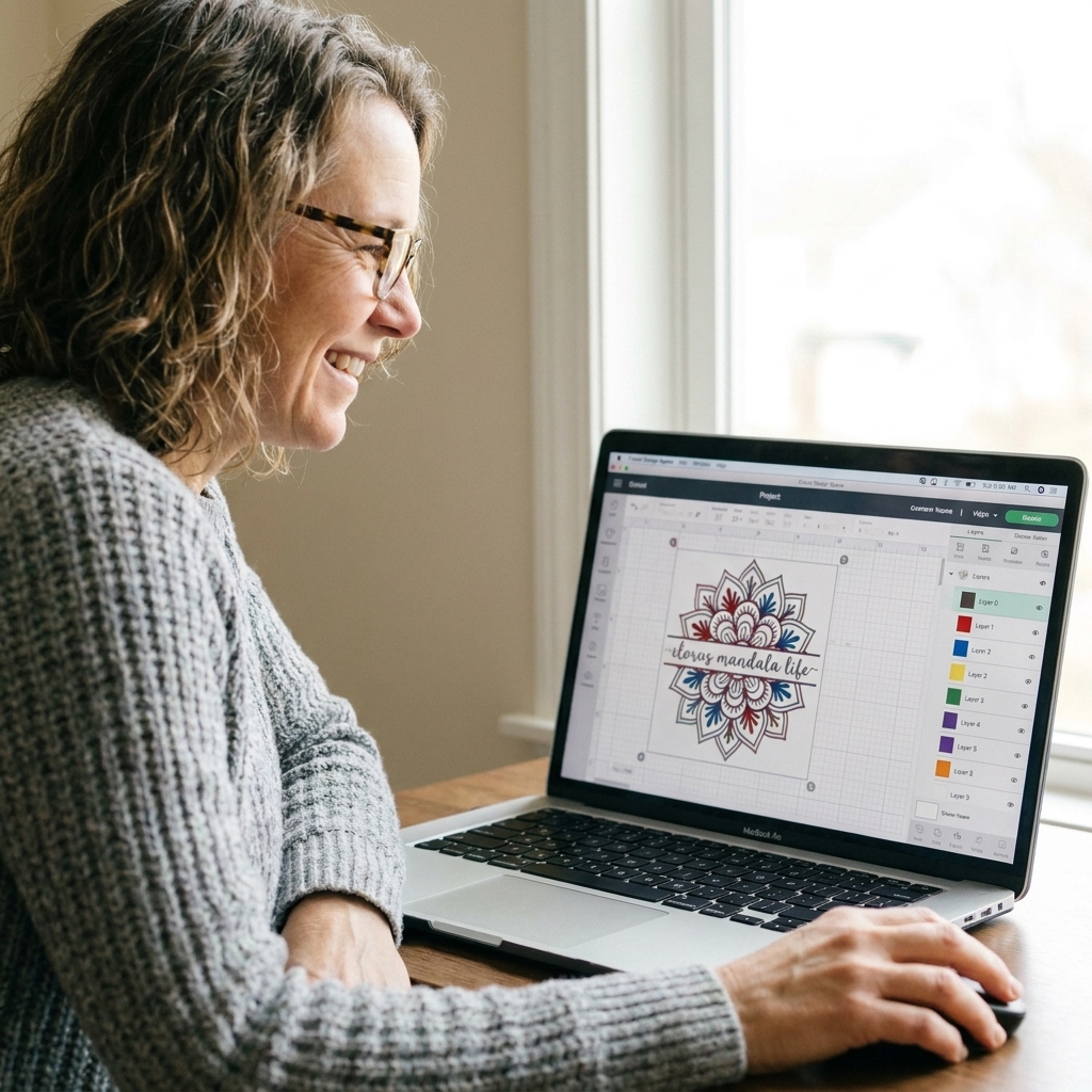 A Cricut Design Space project with multiple layers displayed in the Layers panel, showing different color swatches used to organize the design