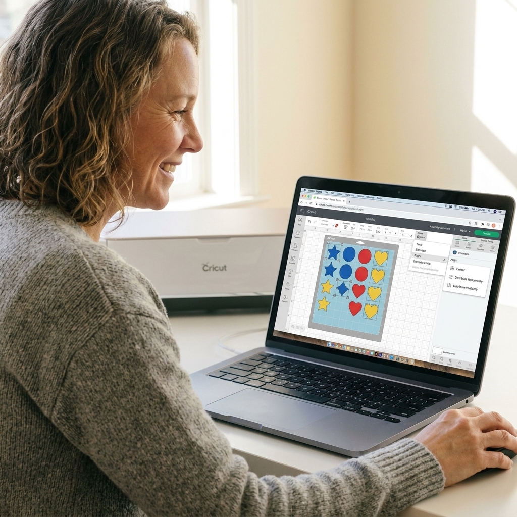 A Cricut Design Space project with multiple shapes selected and the Align menu open, ready to center and distribute elements