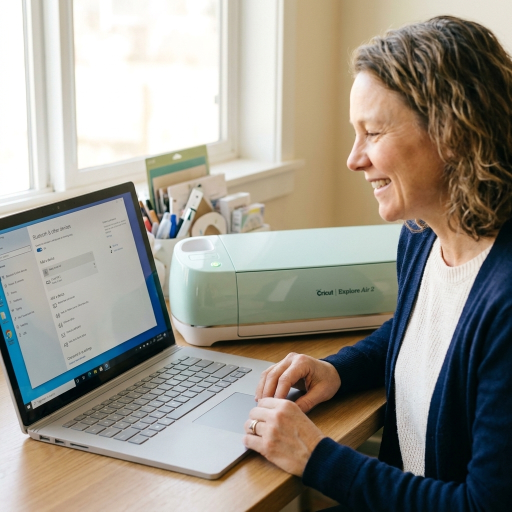 A Cricut Explore Air 2 on a desk near a Windows laptop with Bluetooth settings open, showing the machine ready to connect