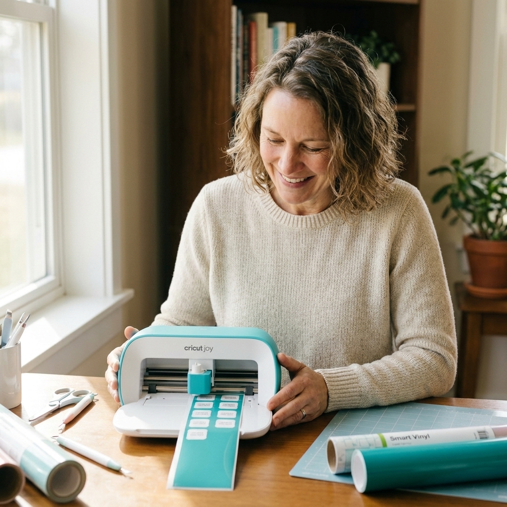 A Cricut Joy Xtra on a desk feeding a narrow roll of Smart Vinyl as it cuts a set of small label shapes