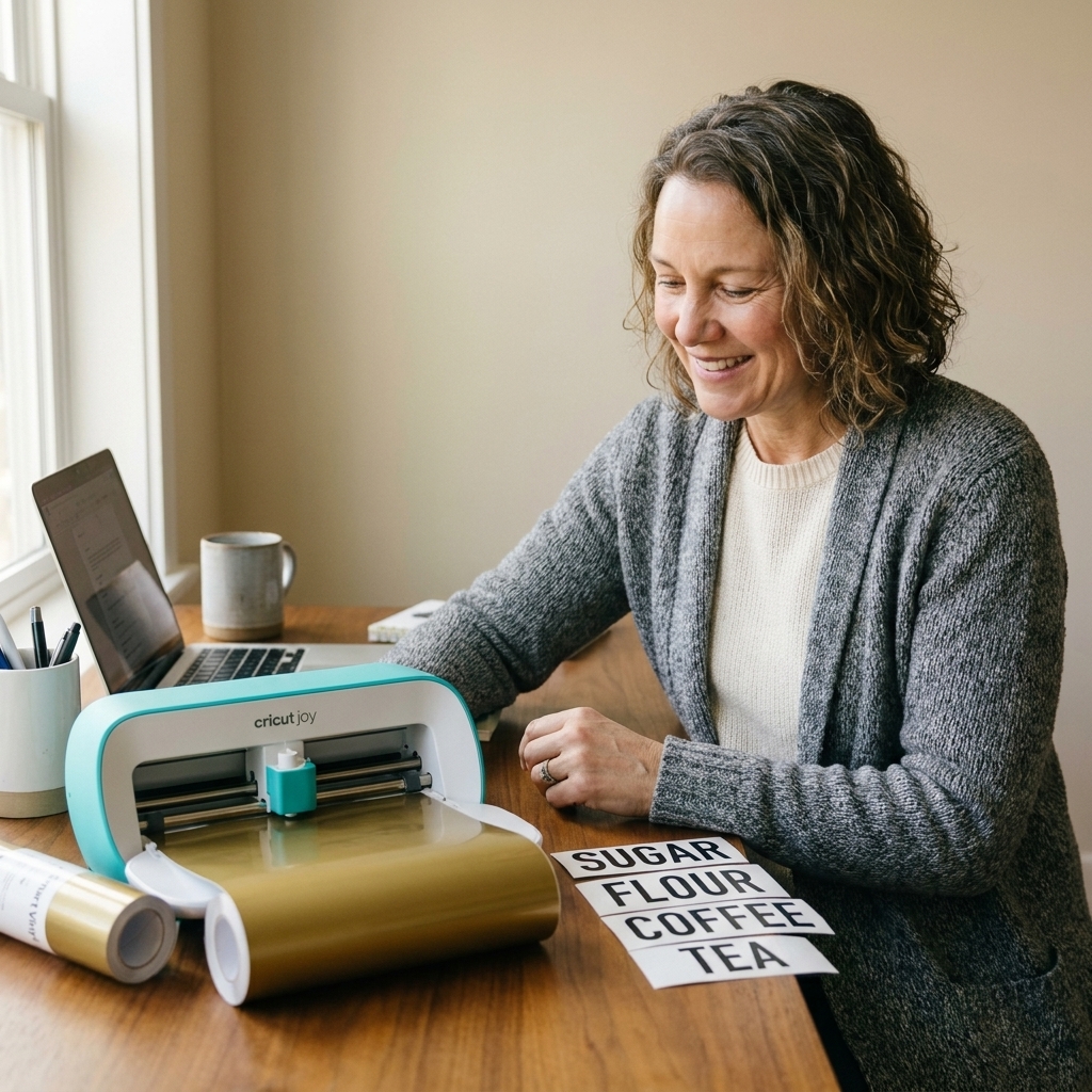 A Cricut Joy feeding a small roll of Smart Vinyl, with finished label decals placed beside it on a home desk