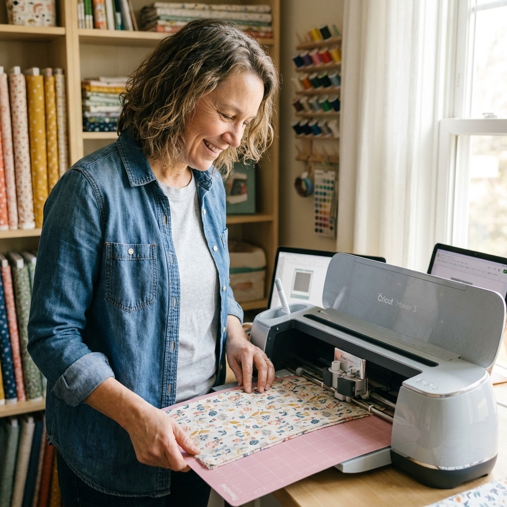 A Cricut Maker 3 cutting cotton fabric on a pink FabricGrip mat in a bright craft room