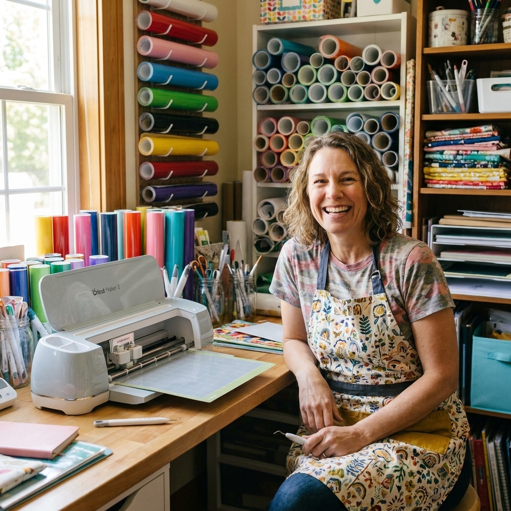A Cricut Maker 3 sitting in a colorful craft room with vinyl rolls and tools nearby, photographed as a real workspace