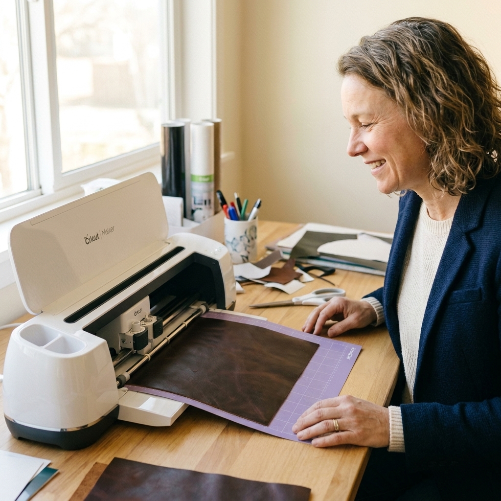 A Cricut Maker cutting a piece of brown leather on a purple StrongGrip mat on a craft table