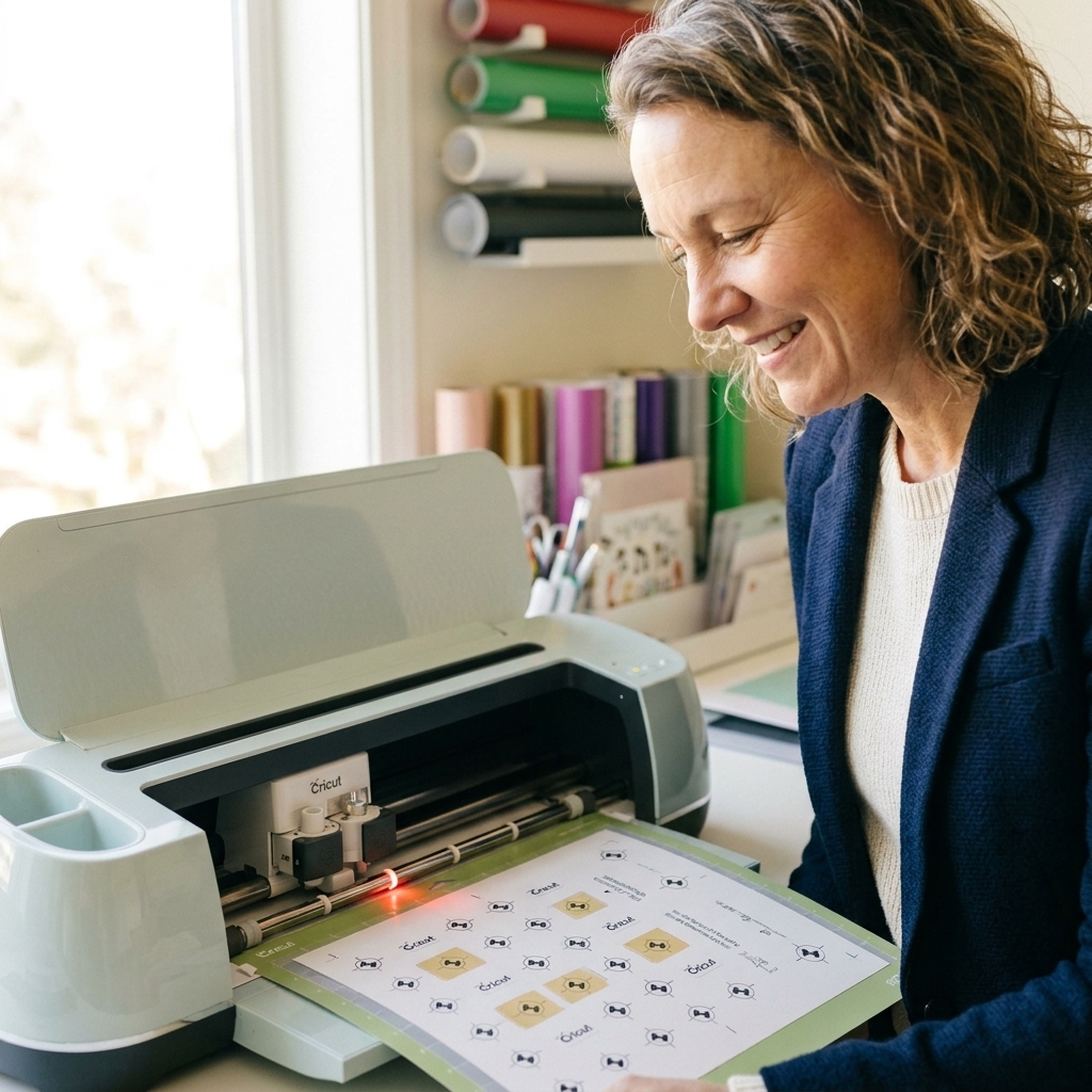 A Cricut Maker with its lid open as the machine scans the sensor marks on a printed sticker sheet before cutting