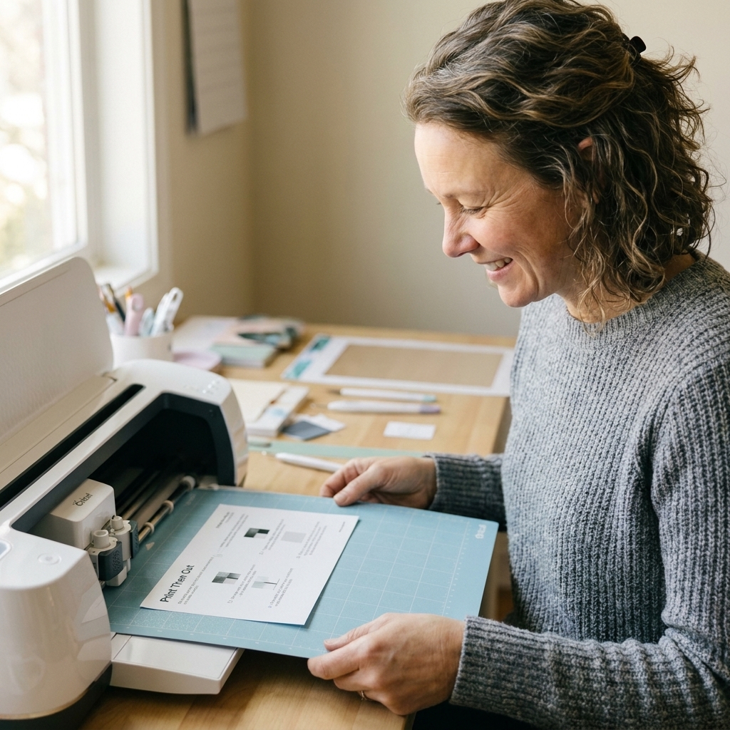 A Cricut Print Then Cut calibration sheet on a LightGrip mat being loaded into a Cricut machine