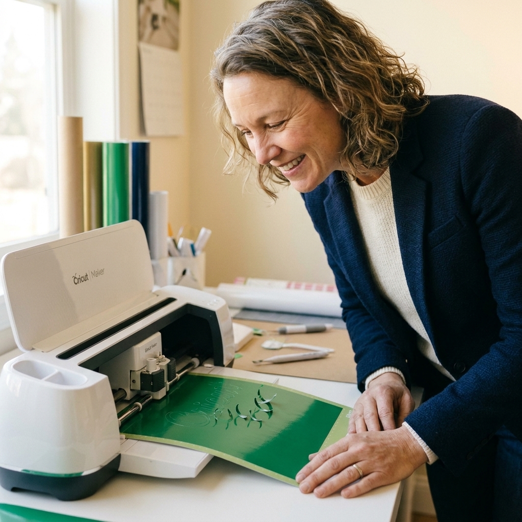 A Cricut cutting machine actively cutting a sheet of permanent adhesive vinyl on a cutting mat
