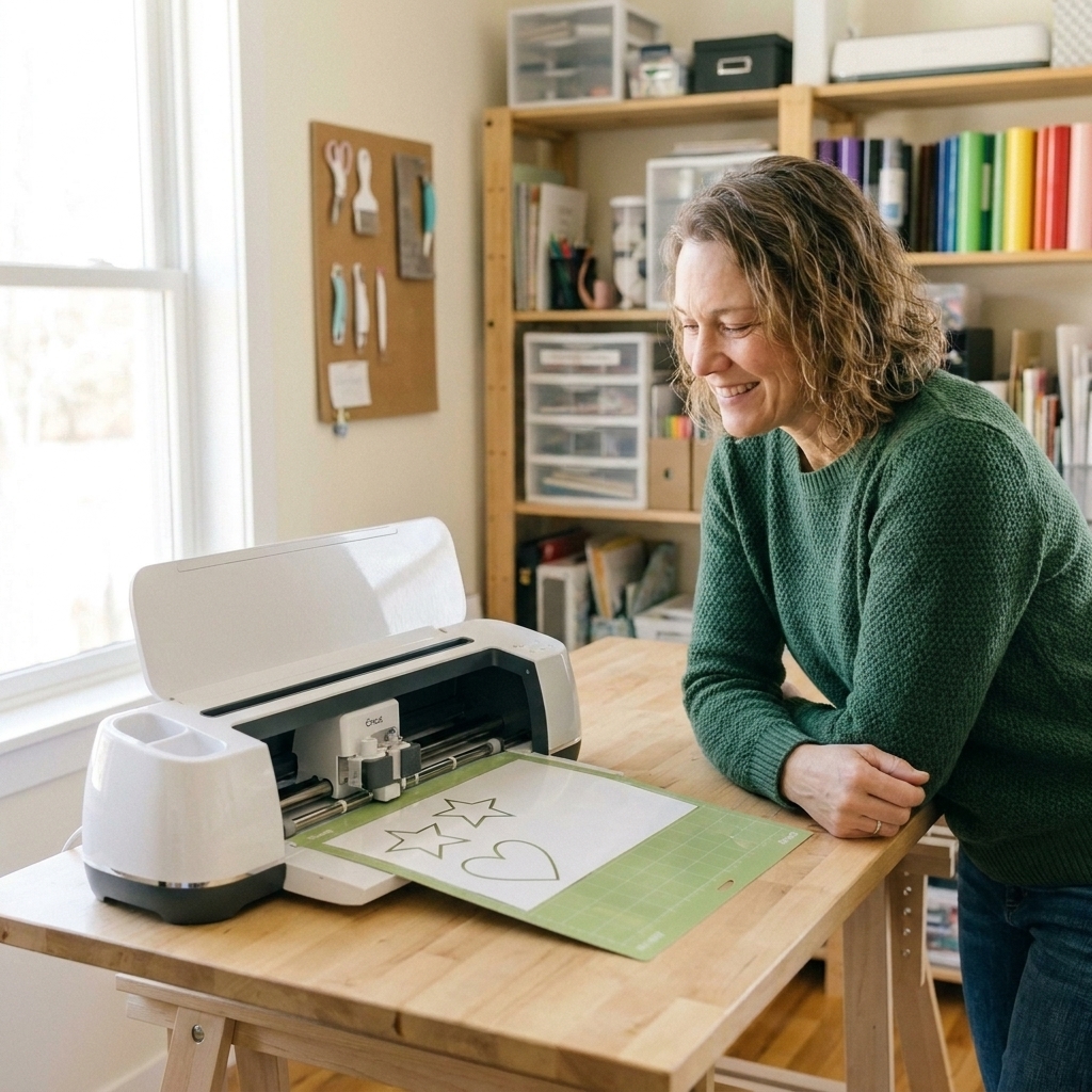 A Cricut cutting machine cutting a simple vinyl design on a standard grip mat while a maker monitors the cut