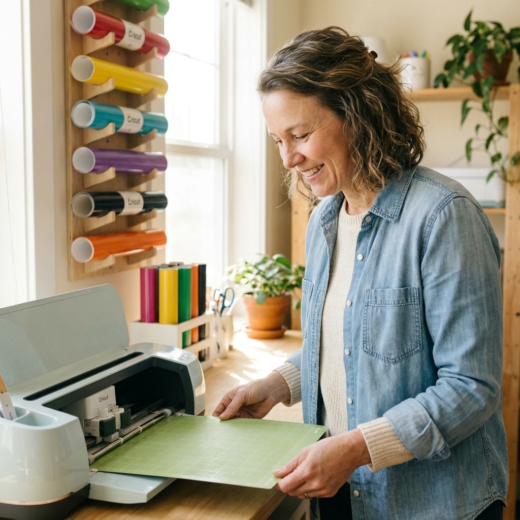 A Cricut cutting machine in a bright craft room with a green cutting mat being loaded and rolls of vinyl on shelves in the background