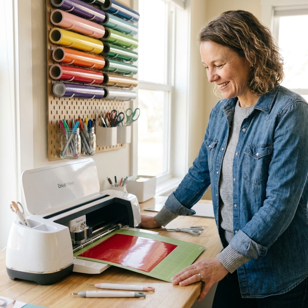 A Cricut cutting machine on a craft table with a cutting mat partially loaded and rolls of vinyl in the background