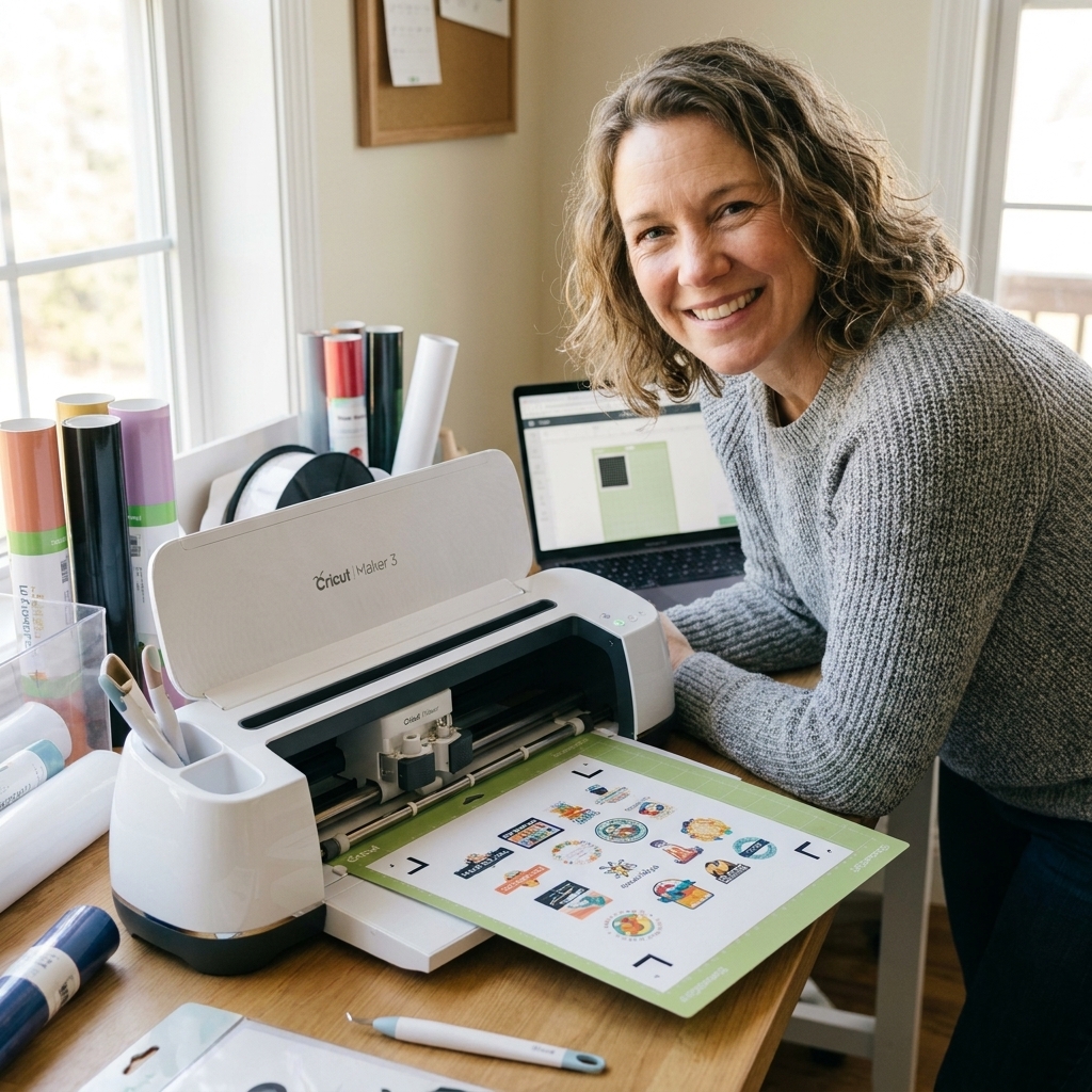 A Cricut cutting machine positioned in a craft room with a Print Then Cut sheet on a StandardGrip mat, ready for the sensor to scan the registration marks