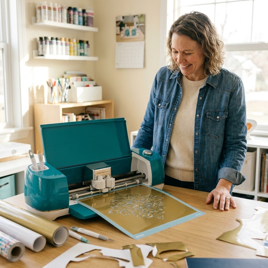 A Cricut cutting machine with permanent vinyl loaded mid-cut on a craft table in a home craft room