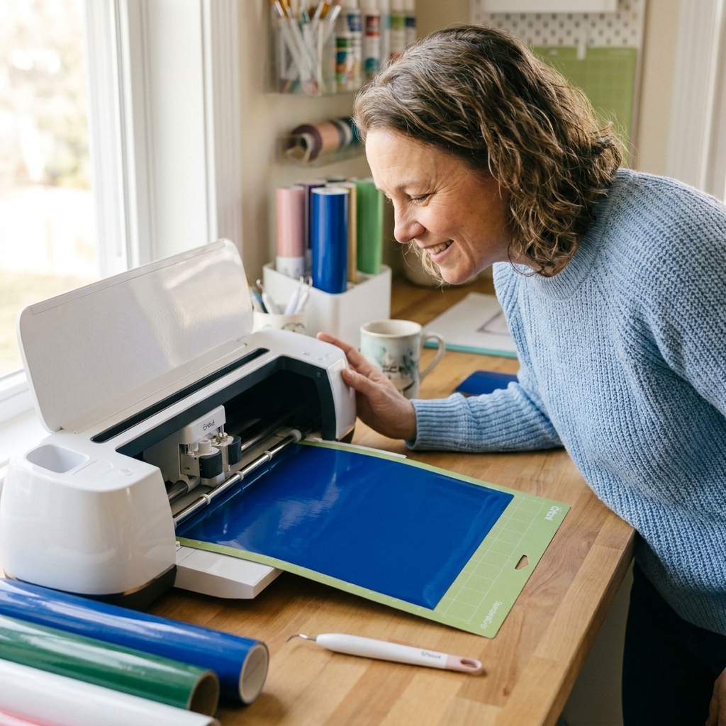 A Cricut machine cutting a sheet of glossy permanent vinyl on a green StandardGrip mat on a crafting table
