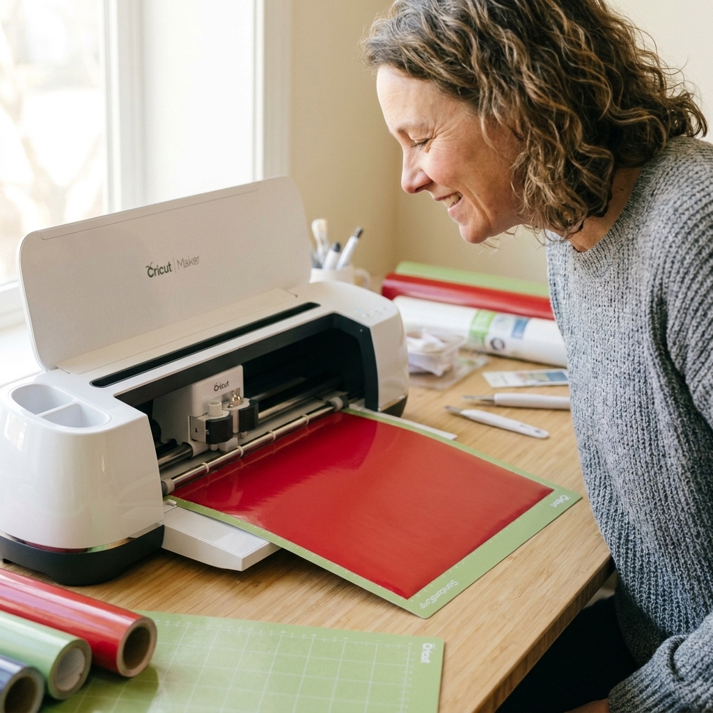 A Cricut machine cutting a sheet of permanent adhesive vinyl on a green StandardGrip mat on a craft table