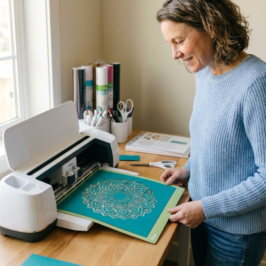 A Cricut machine cutting an intricate mandala layer from colored cardstock on a cutting mat