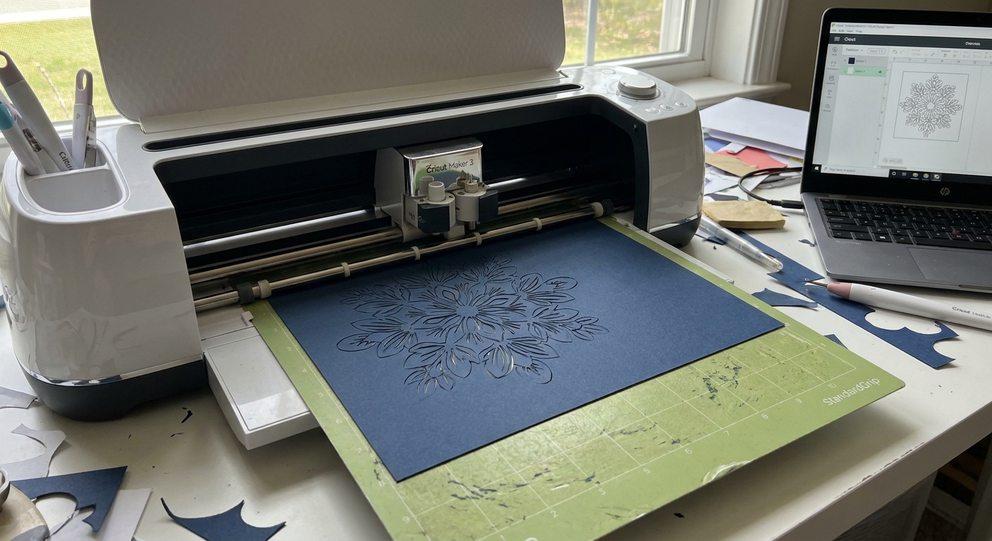 A Cricut machine cutting heavyweight cardstock on a green mat with the tool carriage visible mid-cut
