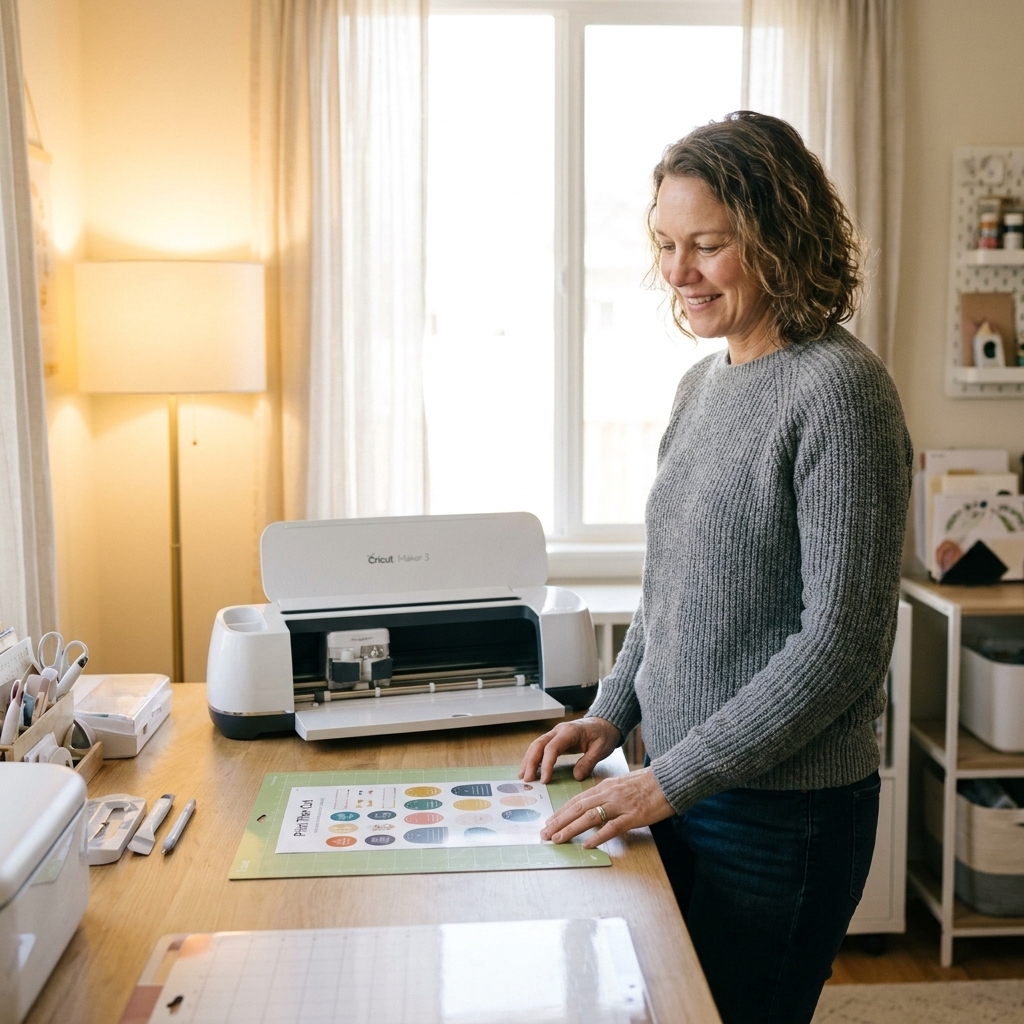 A Cricut machine on a craft table positioned away from a bright window, with soft side lighting to reduce glare on the Print Then Cut sheet
