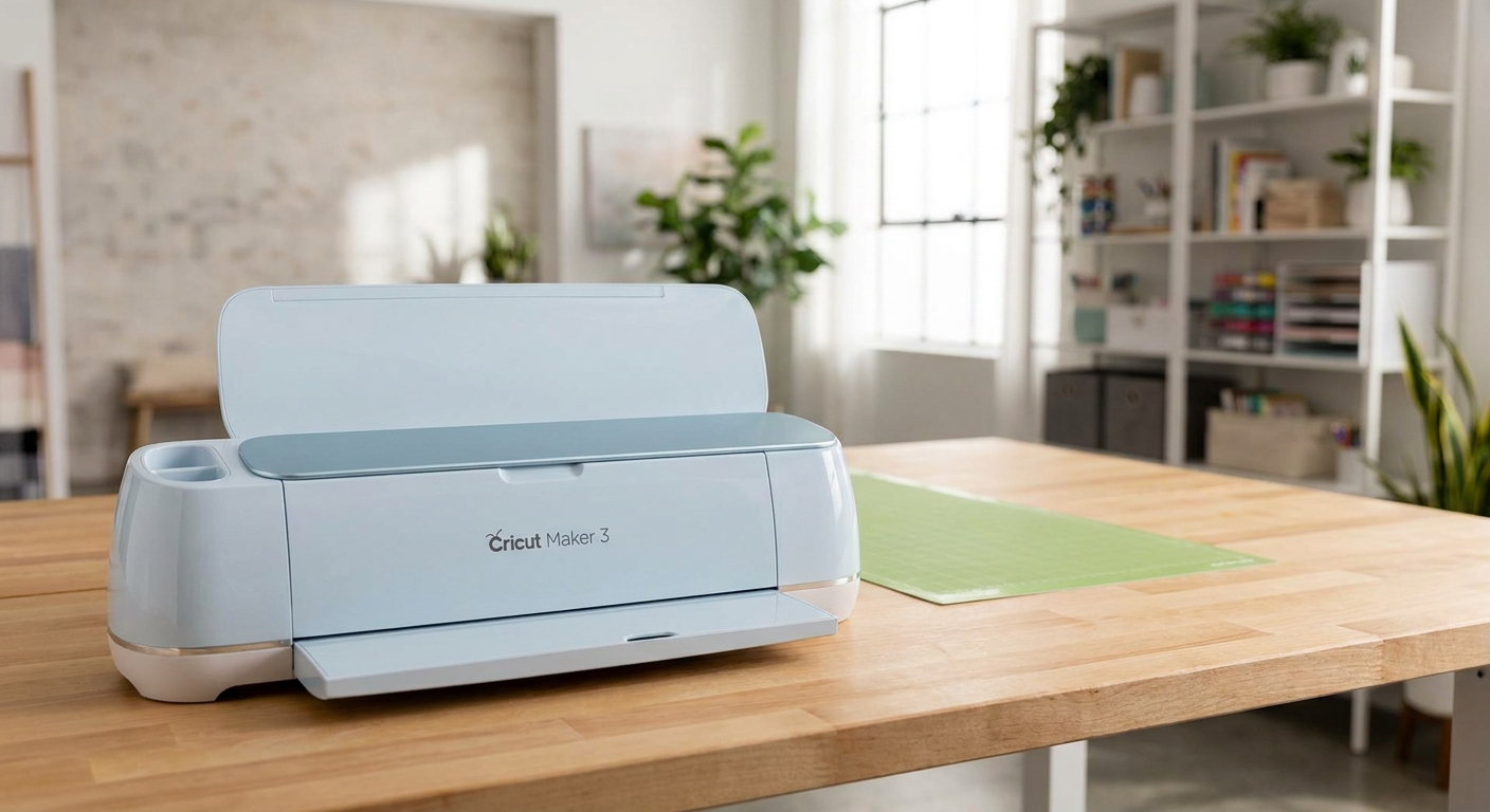 A Cricut machine placed on a table with open space behind it, showing a cutting mat able to travel backward without hitting a wall