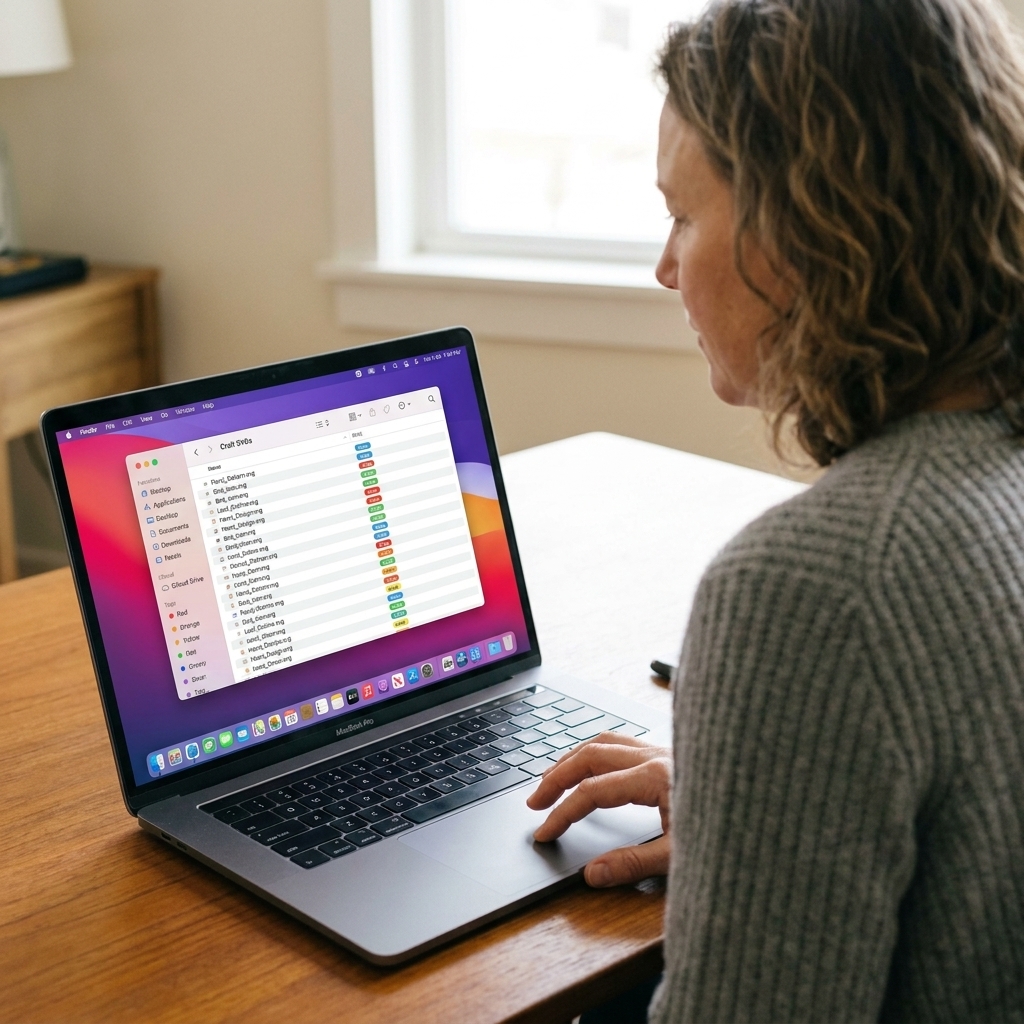 A Mac laptop screen showing a Finder window with colored tags applied to craft SVG files