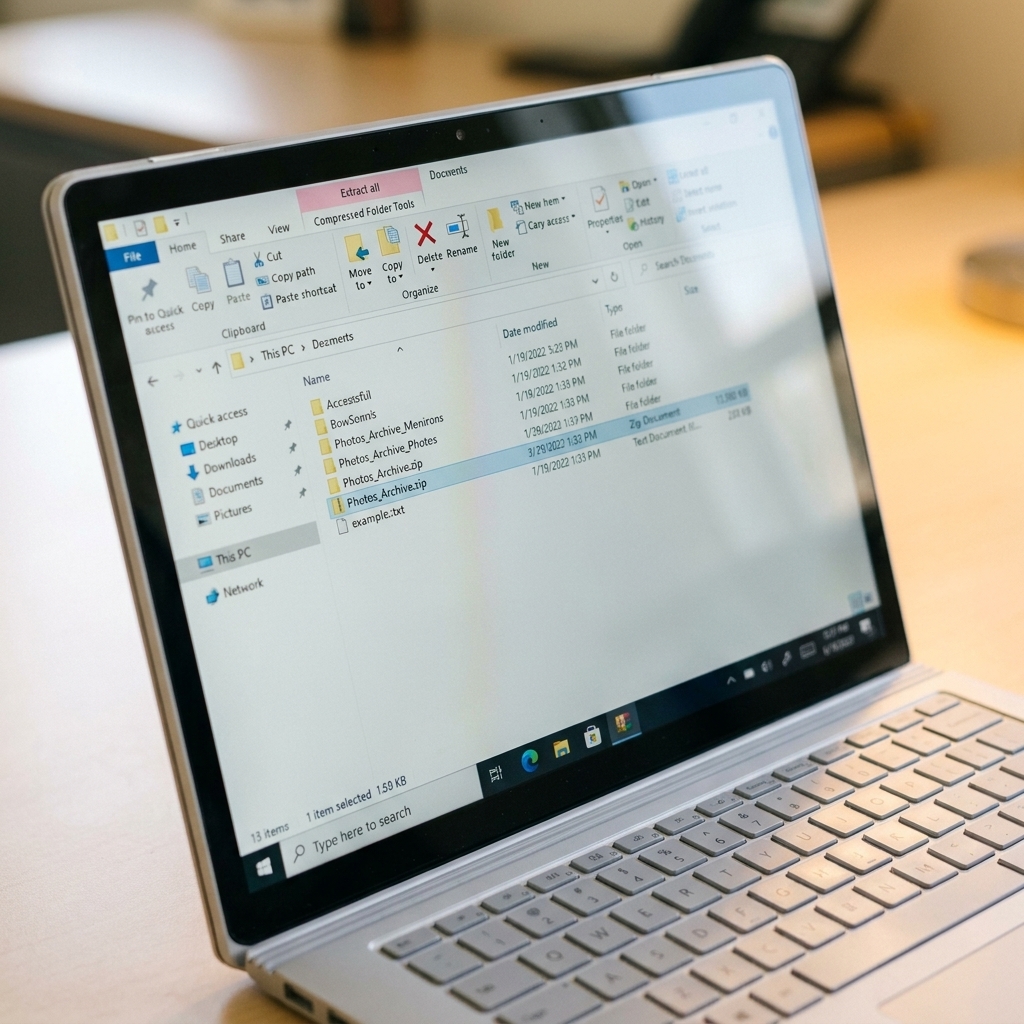 A Windows laptop showing File Explorer with a ZIP file highlighted and the Extract All option visible in the toolbar