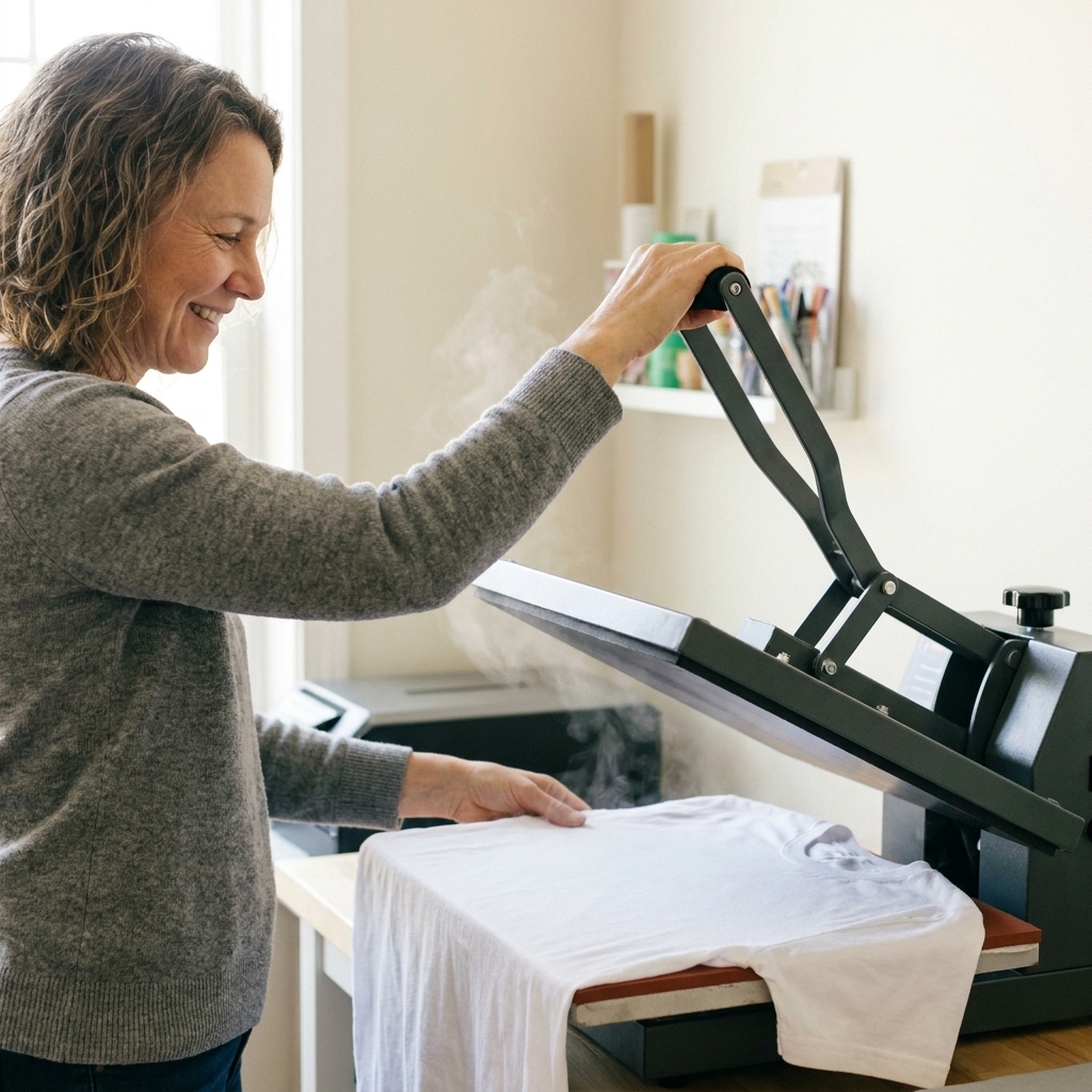 A blank cotton t-shirt laid flat on a heat press platen being pre-pressed to remove wrinkles and moisture
