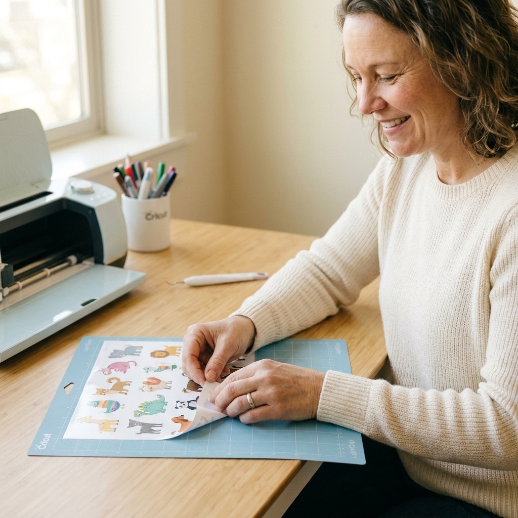 A blue Cricut LightGrip mat on a craft table with a printed sticker sheet partially peeled up from one corner
