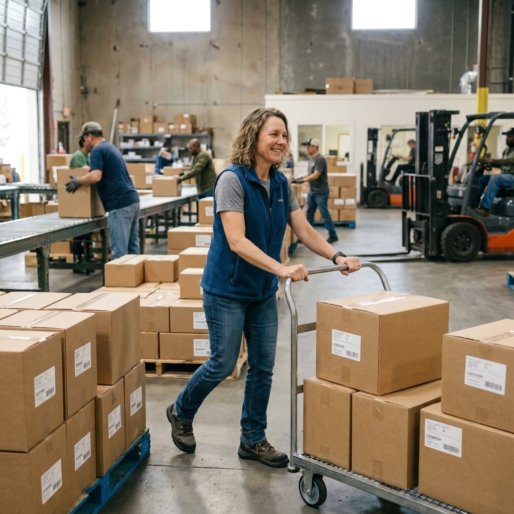 A busy shipping area with stacked cartons and rolling carts in a large apparel warehouse