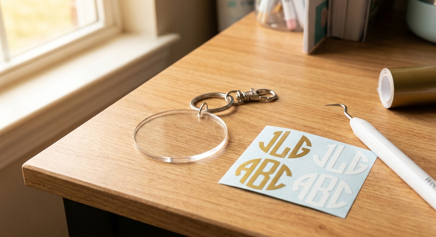 A clear acrylic keychain blank with a jump ring and clasp attached, sitting on a craft table next to finished vinyl monogram decals