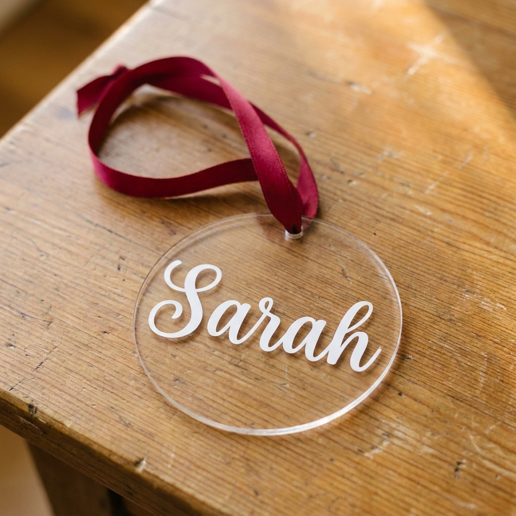 A clear acrylic ornament blank with a white vinyl name applied and a satin ribbon looped through the top hole, resting on a wooden tabletop