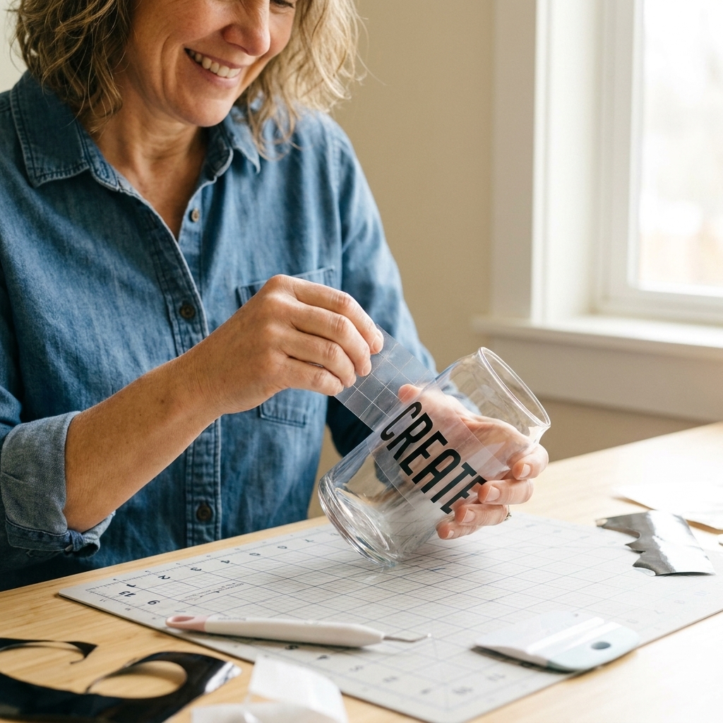A clear glass cup on a craft table with a freshly applied adhesive vinyl decal while transfer tape is being peeled away slowly