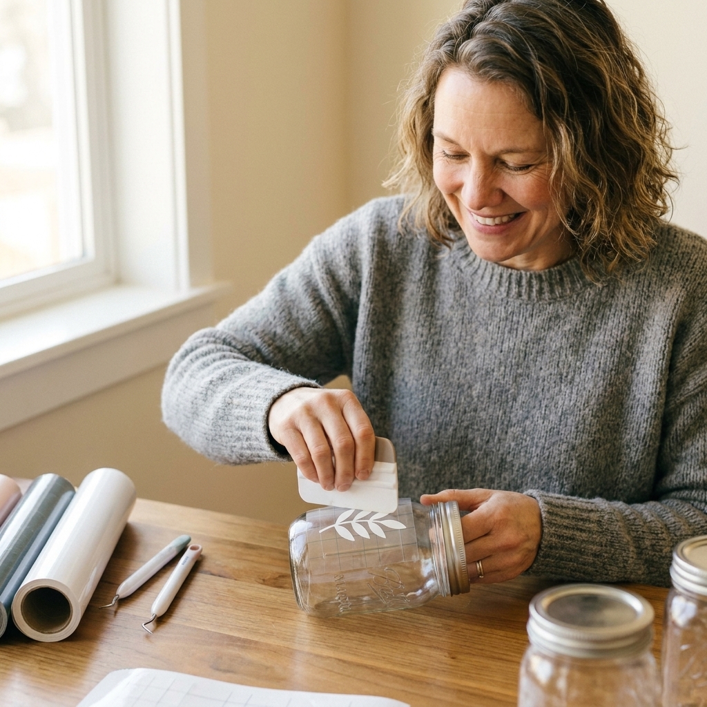 A clear glass jar on a craft table with a hand applying a small permanent vinyl decal using transfer tape