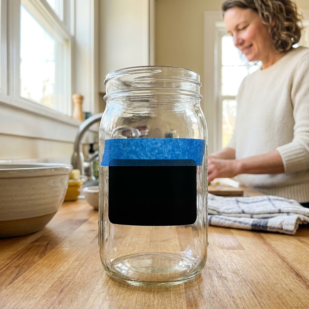 A clear glass jar on a kitchen counter with a vinyl label held in place using a strip of blue painter's tape along the top edge