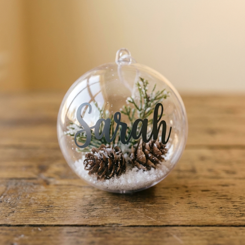 A clear plastic fillable ornament on a tabletop with a simple name decal applied in permanent vinyl