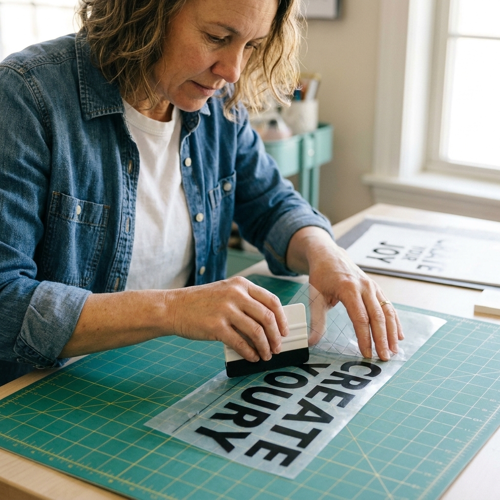 A clear sheet of transfer tape being pressed over a weeded adhesive vinyl decal on a cutting mat