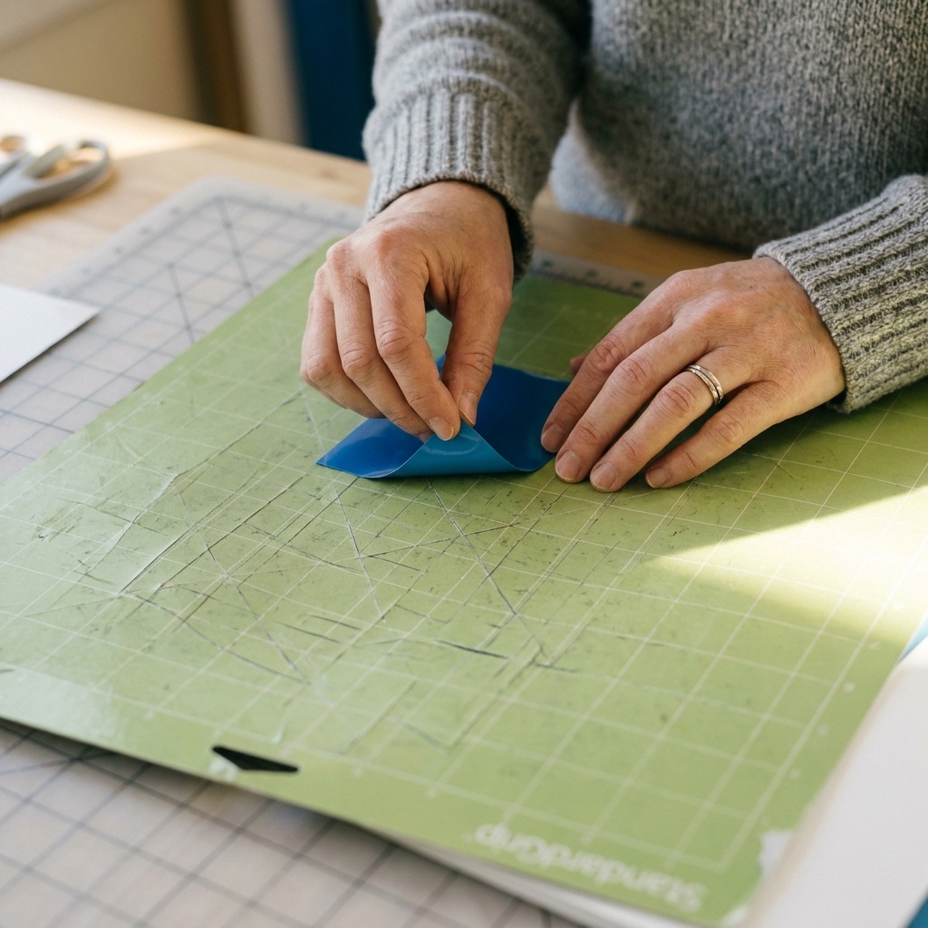 A close up of a green StandardGrip cutting mat with faint cut lines and a small piece of vinyl being lifted from the surface