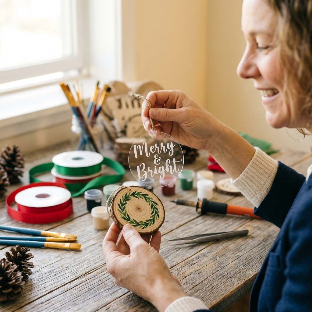 A close-up of handmade Christmas ornaments on a craft table, including a clear acrylic ornament with white vinyl lettering and a wood ornament with a wreath design