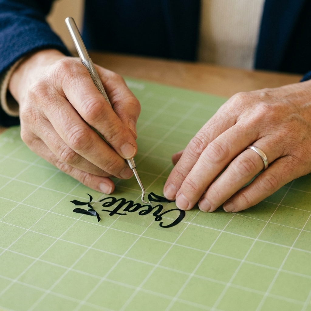 A close up of hands using a hook weeding tool to remove excess vinyl from a small script decal on a cutting mat