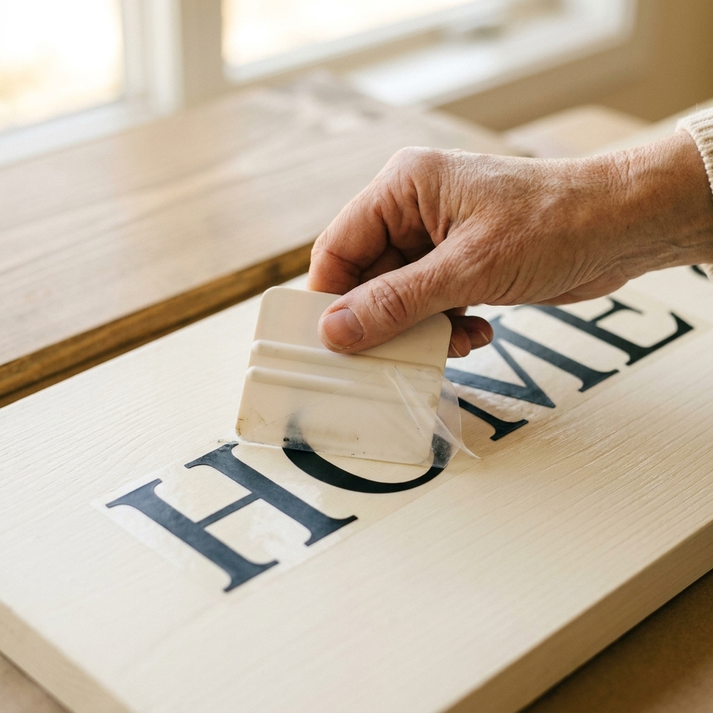 A close-up photo of a hand burnishing black vinyl letters onto a painted wood sign using a scraper tool