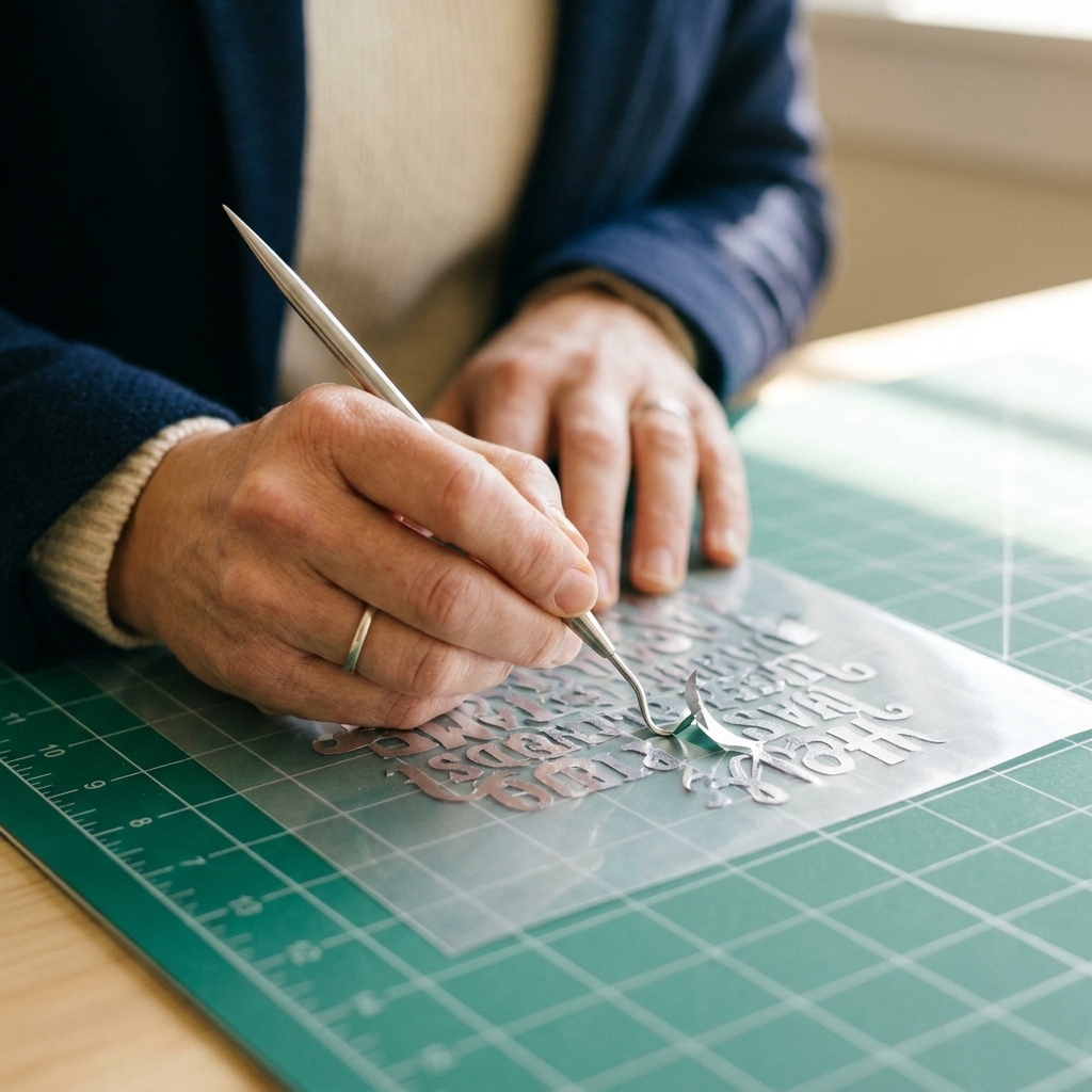A close-up photo of a weeding tool lifting excess heat transfer vinyl from a carrier sheet on a cutting mat