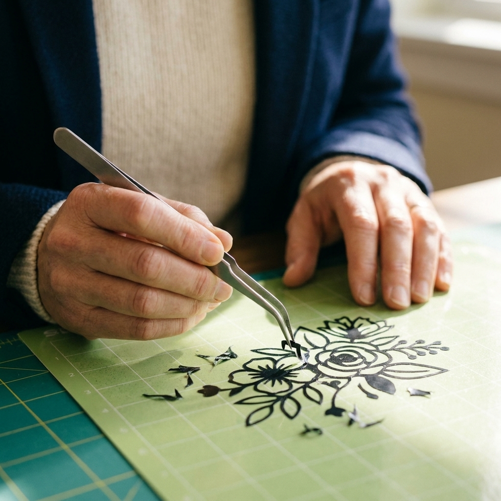 A close-up photo of fine-point tweezers gripping a tiny vinyl cutout piece being removed from a detailed design on a cutting mat
