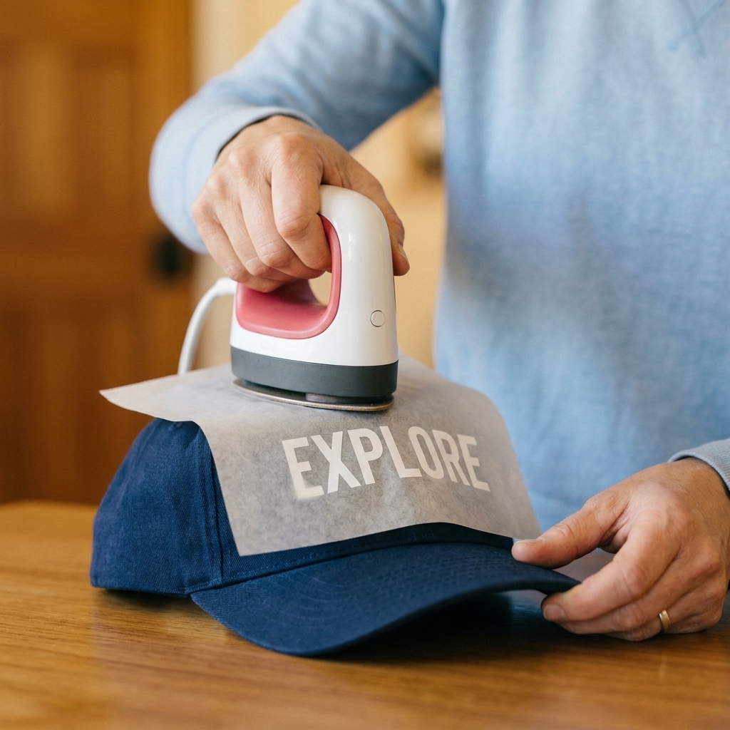 A close-up photo of hands using a mini heat press over parchment paper on a vinyl design placed on a baseball cap