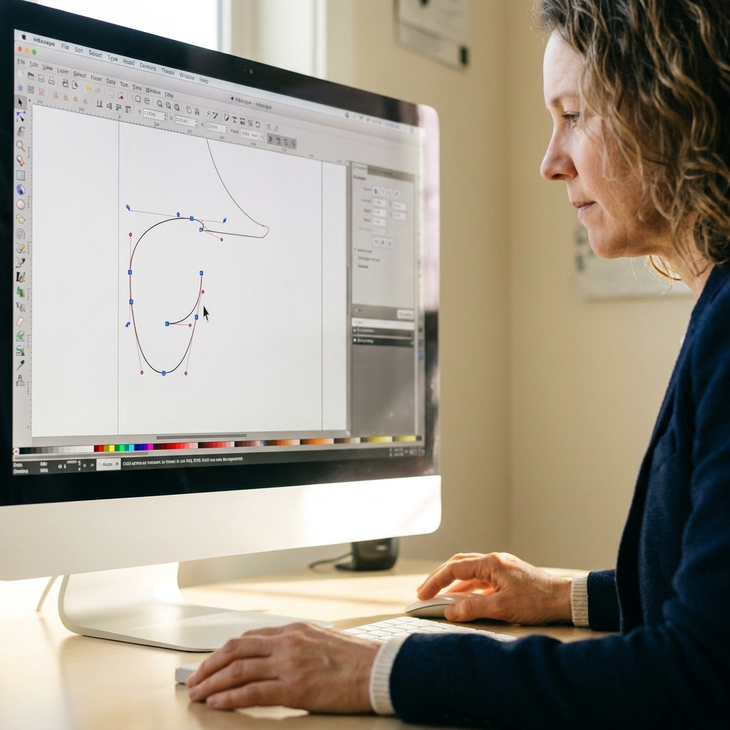 A close-up view of a computer screen showing an SVG shape in Inkscape with visible nodes and handles being edited