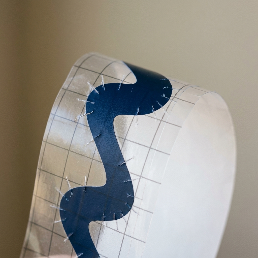 A close view of a vinyl decal on transfer tape with small snips cut around the edge of the taped area to help it conform to a curve