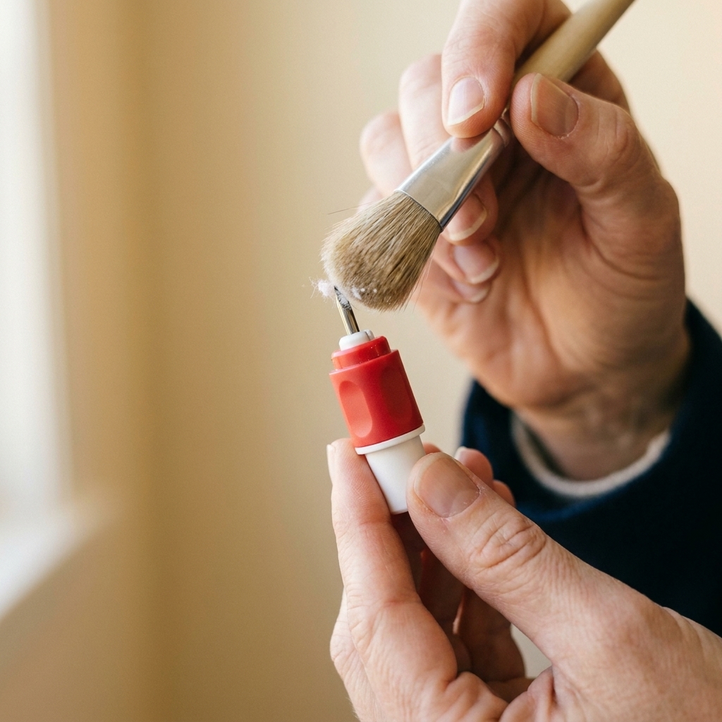 A close view of hands holding a Cricut fine-point blade housing while gently brushing lint from the blade tip with a small soft brush