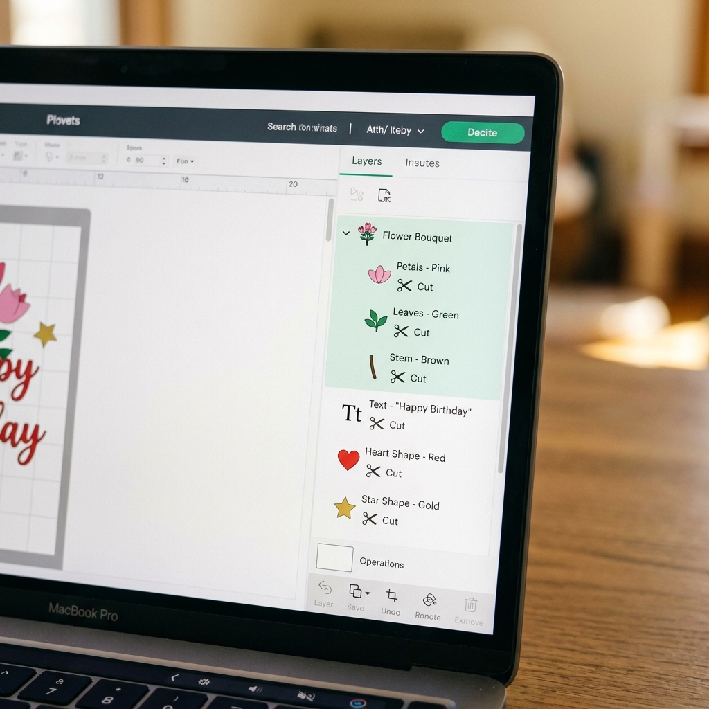 A close view of the Cricut Design Space Layers panel showing multiple cut layers and a grouped design
