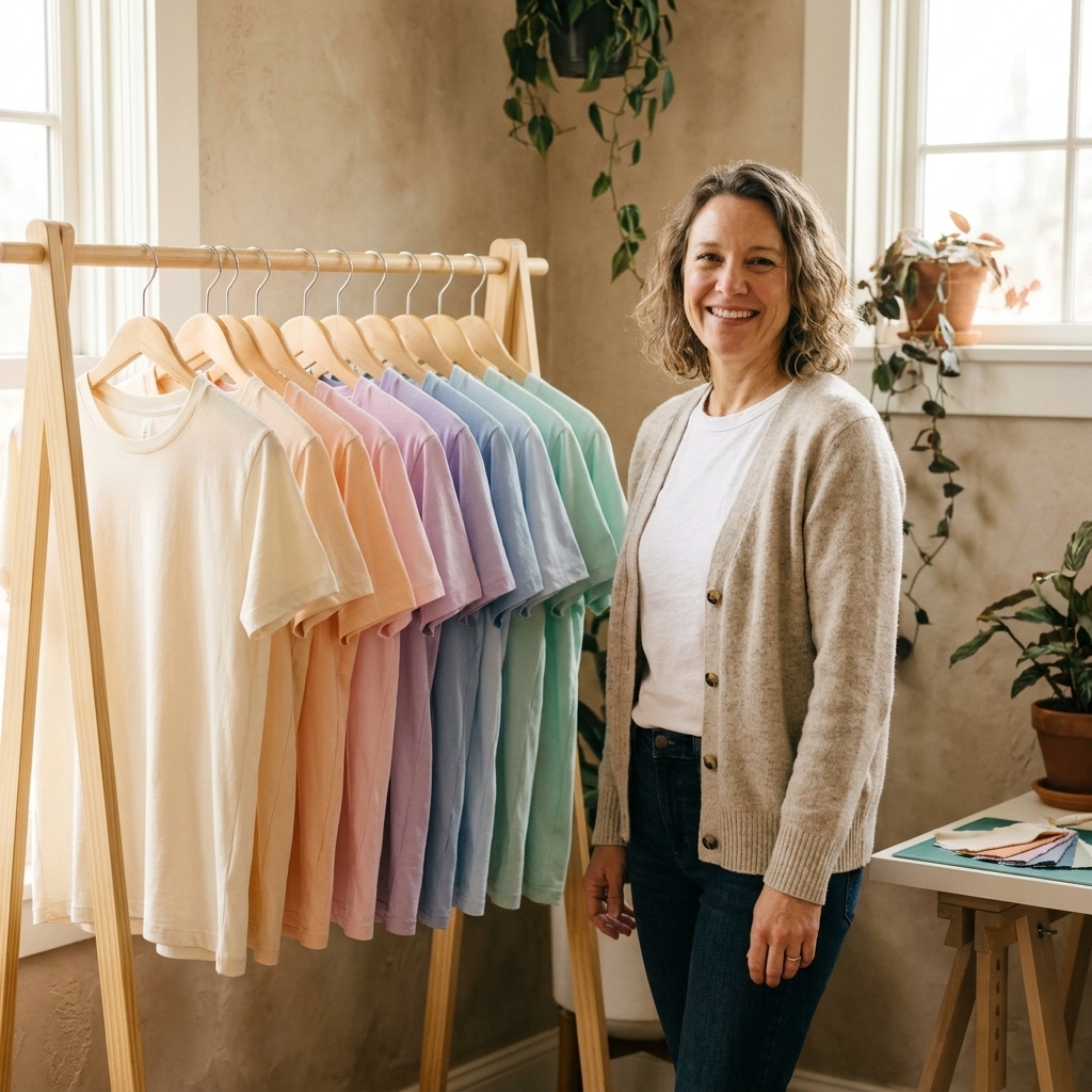 A clothing rack holding blank t-shirts arranged in a soft color gradient inside a small studio