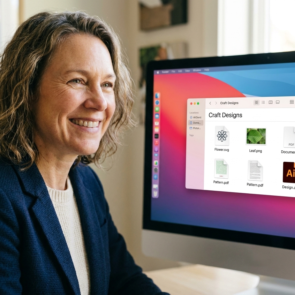 A computer screen showing an open folder containing multiple craft design files including an SVG file and a PNG file