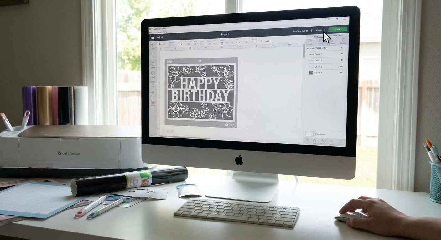 A computer screen with Cricut Design Space open and a cursor hovering near the Save option