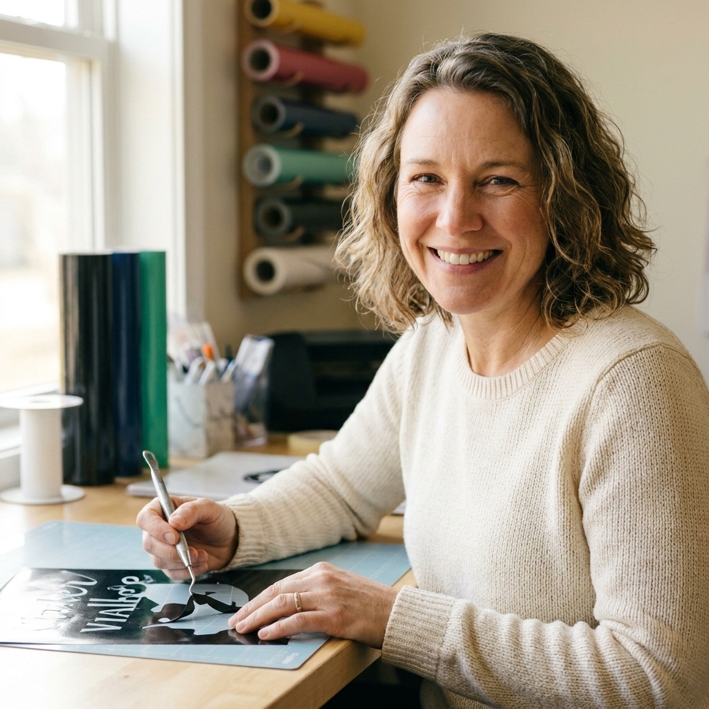 A crafter holding a weeding tool while lifting excess vinyl from a freshly cut decal on a cutting mat